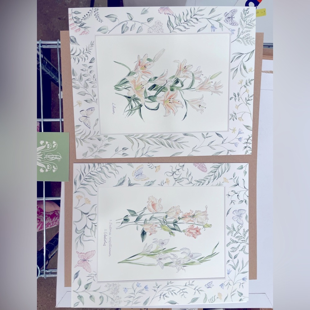 Two 2021 out of print Riley Sheehey botanical prints with floral mat